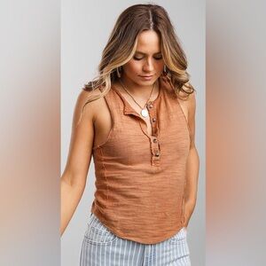 Free People We The Free Vintage Textured Henley Tank Top Doe Small